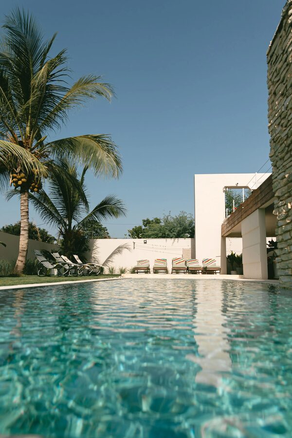 Bord de piscine avec palmier vertical, Villa Samba Ngaparou